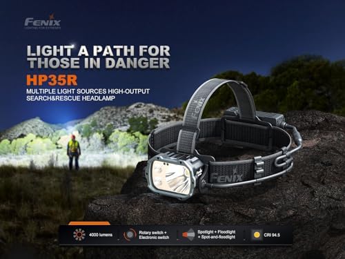 Fenix HP35R SAR Headlamp - Spotlight Floodlight and Flame Retardant with 4000 Lumens