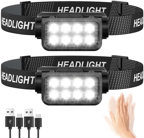 Durable 2-Pack Rechargeable Headlamp with Motion Sensor Long-Press Function