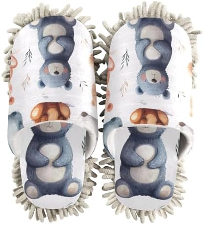 Flildon Microfiber Cleaning Slippers Cartoon Bear Mop for MenWomen Non-Slip Washable