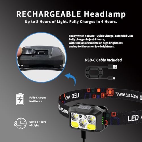 1200 Lumens Headlamp Rechargeable IPX4 Waterproof Red Light Mode 8 Modes