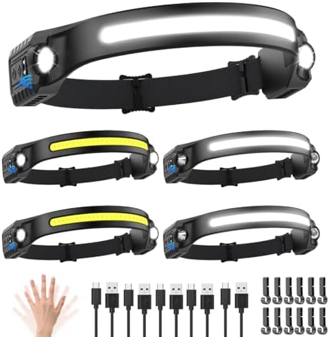 5-Pack Rechargeable Headlamp Set with COB Beam and Motion Sensor