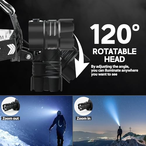 Rechargeable LED Headlamp 990000 Lumens 5 Modes Zoomable IPX7 Waterproof