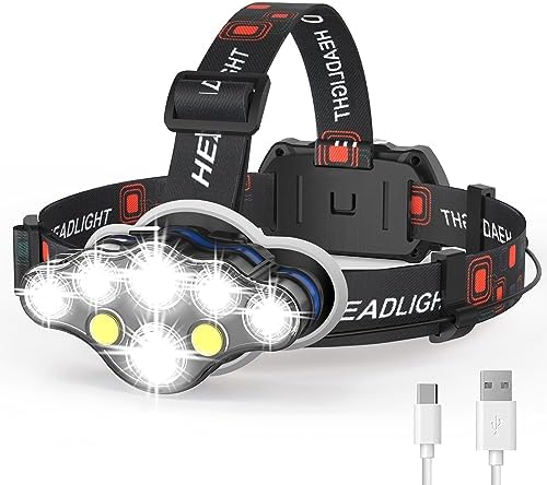 Rechargeable Headlamp 20000 High Lumen 8 LED Modes IPX4 Waterproof Adjustable Angle Headlamp