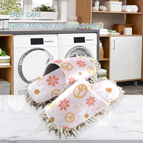 Kigai Microfiber Slippers Peace Sign Flower Pink Floor Mop Slippers