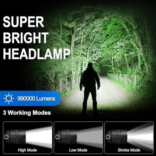 Bright Rechargeable Headlamp with 990000 Lumens 3 Modes 90 Adjustable and Water Resistant