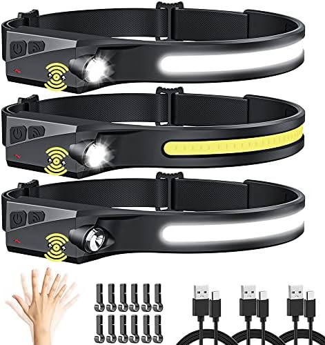 UUYEE 3-Pack Rechargeable LED Headlamp with 230 Wide Beam Motion Sensor