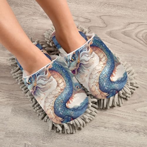 FLildon Microfiber Cleaning Slippers - Dragon Blue Washable Floor Mop Slipper