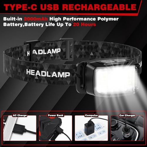 KIDECCE Rechargeable Headlamp 2000 Lumen 16 Modes Waterproof White Red LED Flashlight