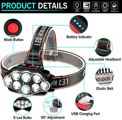 DAWINSIE Rechargeable Headlamp 8 LED 4 Modes IPX4 Waterproof