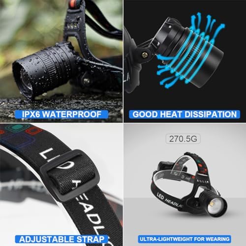 Bailinghai LED Rechargeable Headlamp 100000 Lumens 90Adjustable for Camping Hiking