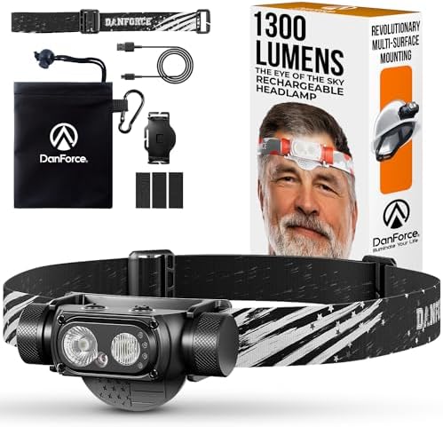 DanForce Headlamp Rechargeable Ultra-Bright 1300 Lumens IPX65 Durable