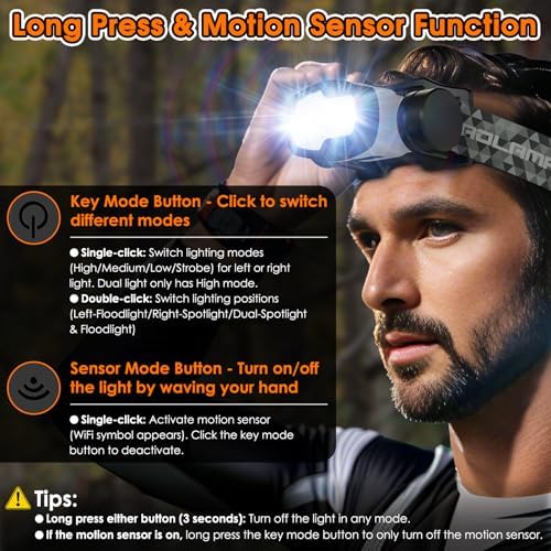 BOBKID Rechargeable 1500 Lumen Headlamp with 9 Modes and Motion Sensors