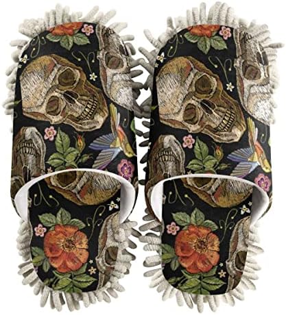 Size ML Embroidery Skull Roses Slippers Washable