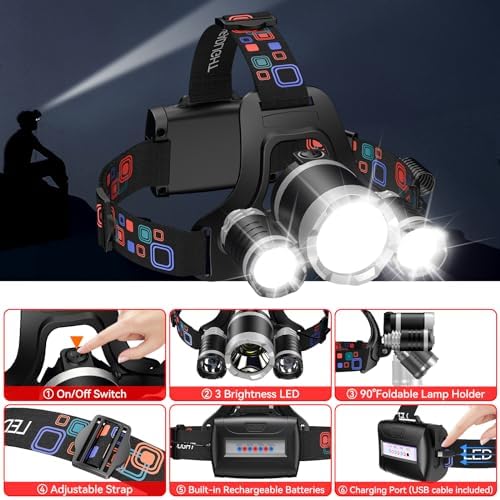 WdtProRechargeable Headlamp 90Adjustable LED Headlamp for Camping Hunting