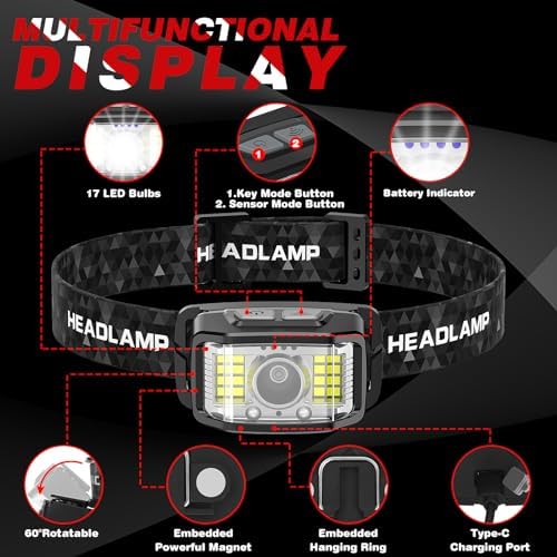 KIDECCE Rechargeable Headlamp 2000 Lumen 16 Modes Waterproof White Red LED Flashlight