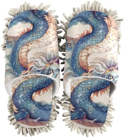 FLildon Microfiber Cleaning Slippers - Dragon Blue Washable Floor Mop Slipper