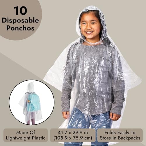 Juvale 10-Pack Disposable Rain Ponchos for Kids - Clear
