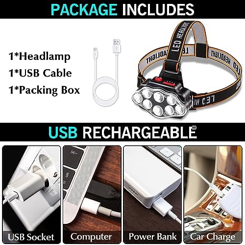 DAWINSIE Rechargeable Headlamp 8 LED 4 Modes IPX4 Waterproof