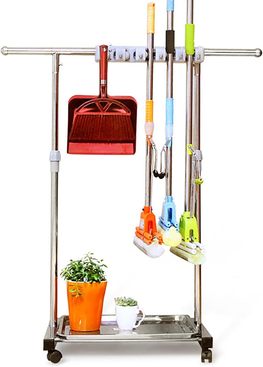 WXZX Mop and Broom Holder with Drip Tray and Wheels