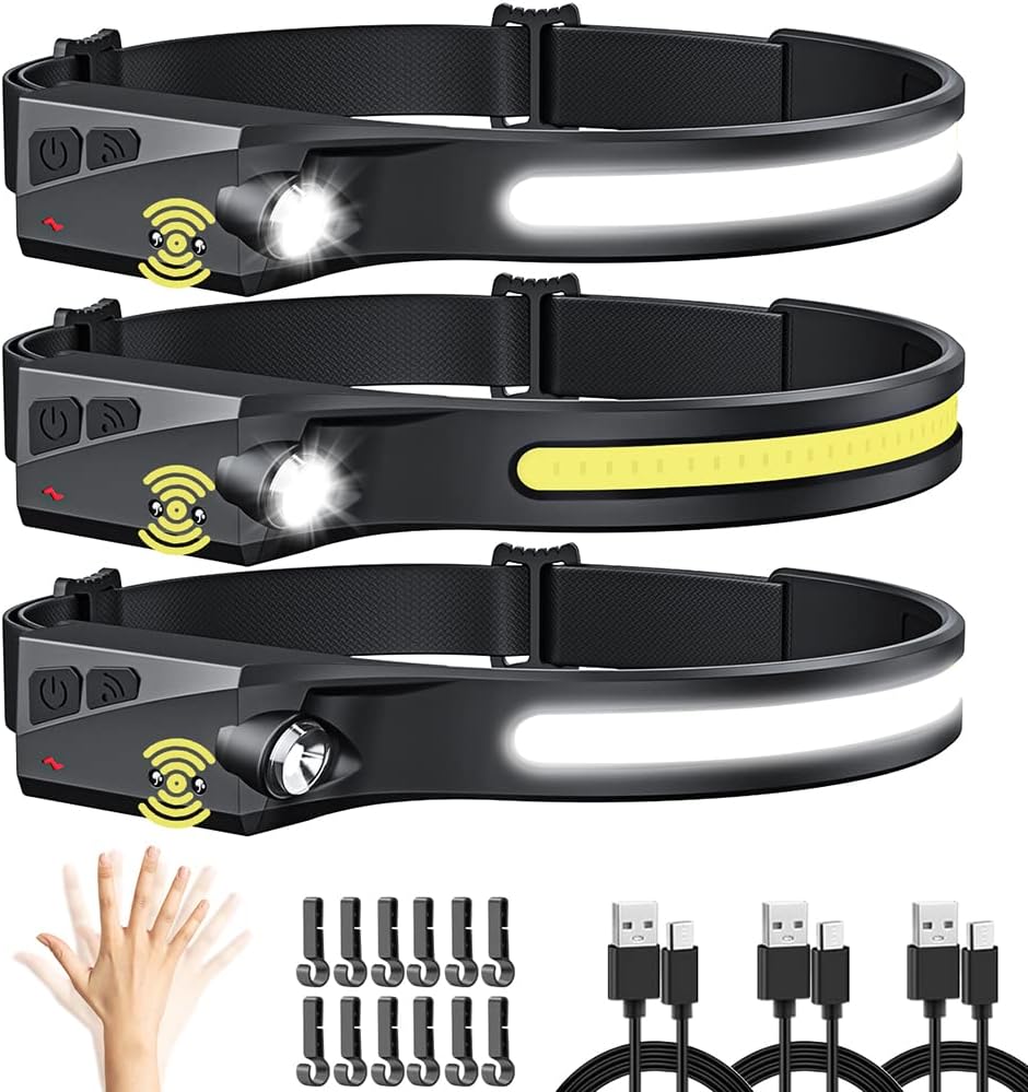 UUYEE 3-Pack Rechargeable LED Headlamp with 230 Wide Beam Motion Sensor