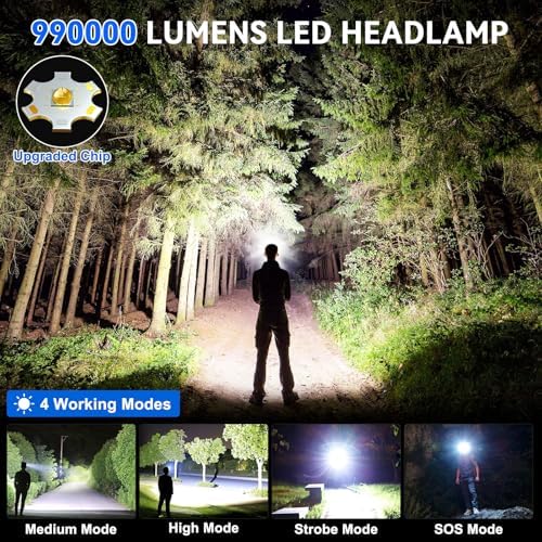 Bright Adjustable Headlamp with 990000 Lumens for Camping