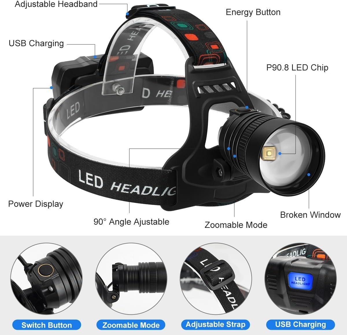 Bailinghai LED Rechargeable Headlamp 100000 Lumens 90Adjustable for Camping Hiking