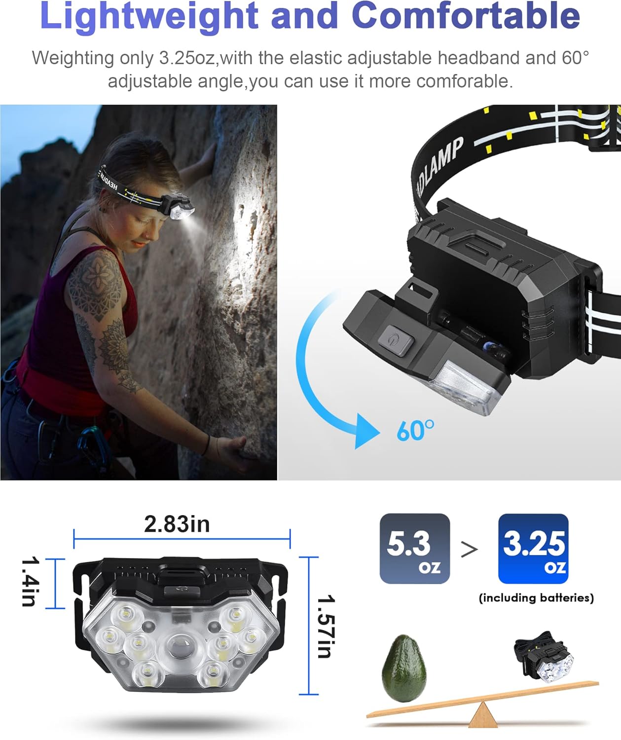 Eirnvop 9-LED 2000 Lumen 2-Pack Headlamp Waterproof 20HR 6 Modes