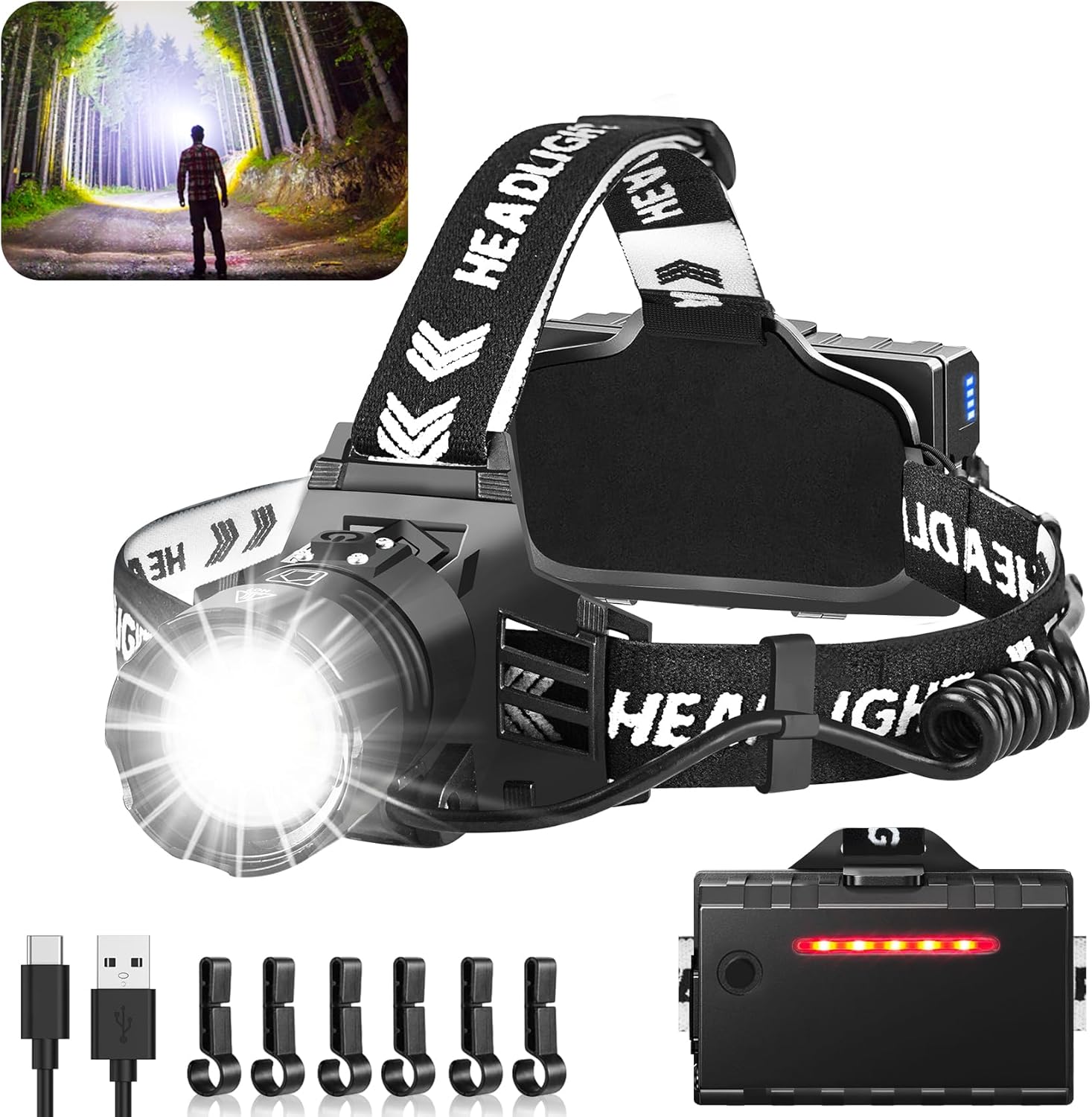 Rechargeable LED Headlamp 990000 Lumens 5 Modes Zoomable IPX7 Waterproof