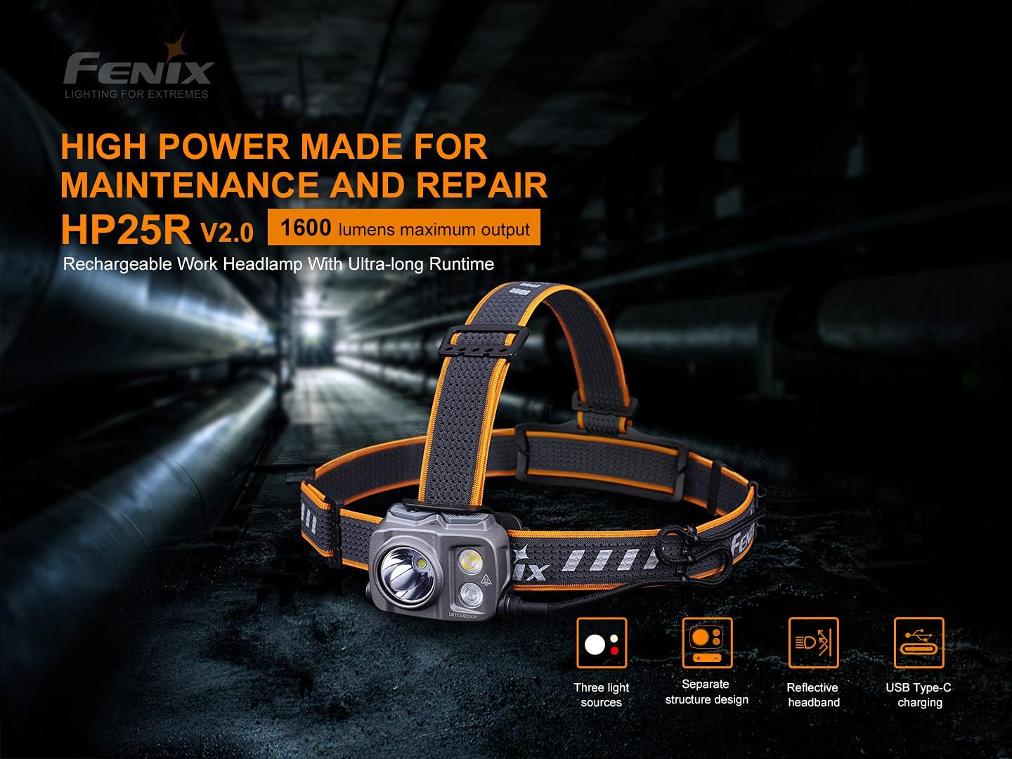 Fenix HP25R v20 Rear Battery Headlamp Bundle with 1600 Lumen Spotlight Red Light