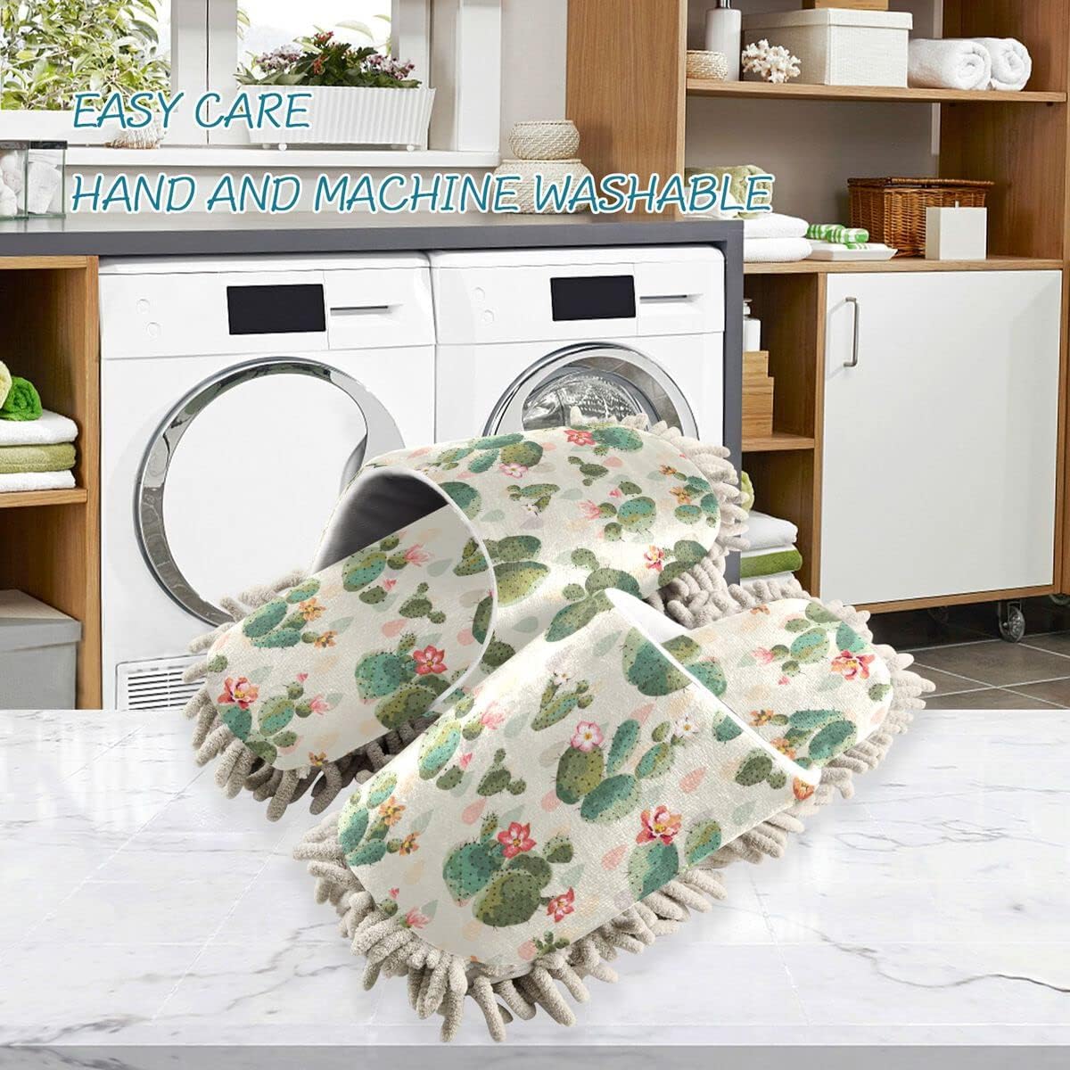 DOMIKING Cactus Flowers Mop Slippers for Women Floor Cleaning Shoes