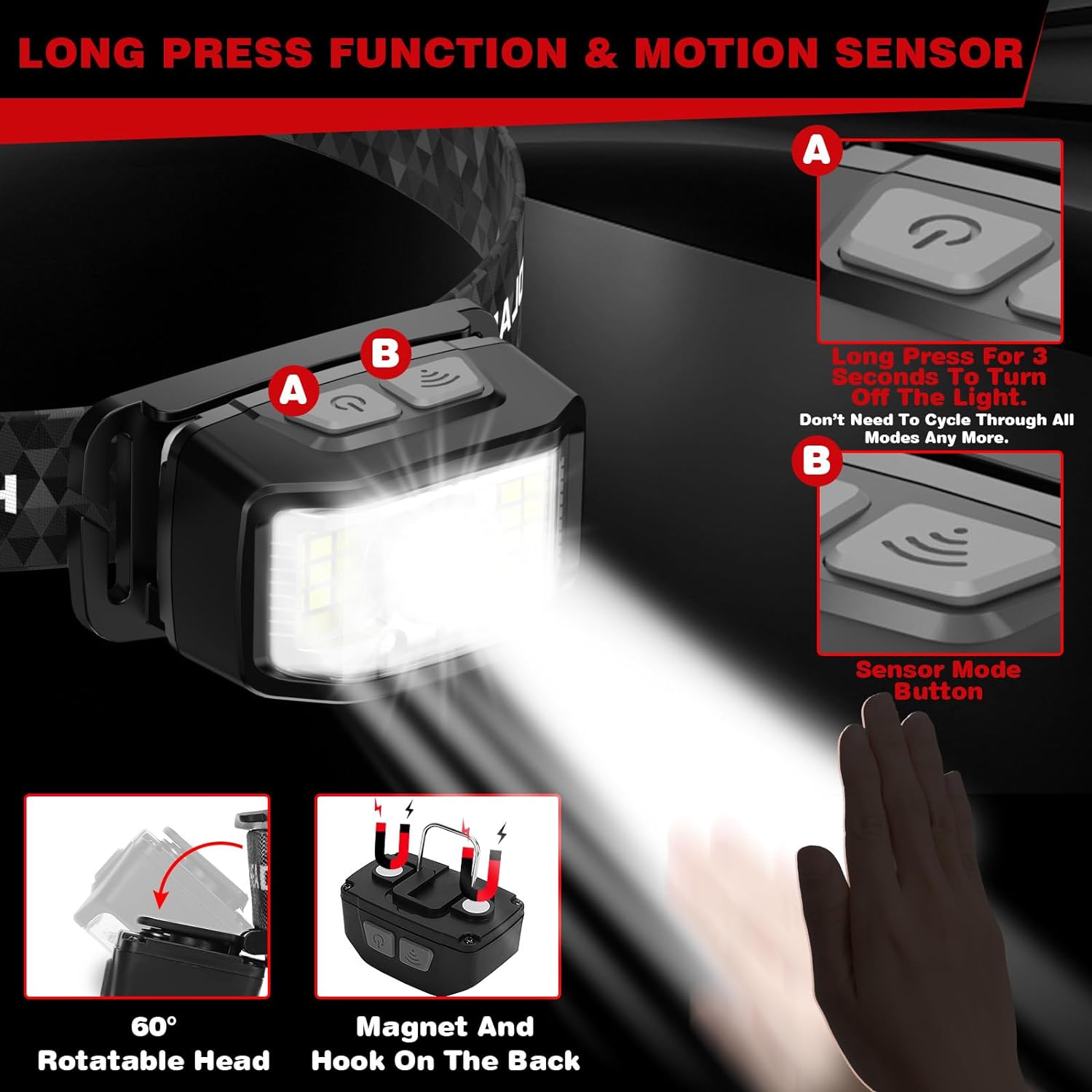 KIDECCE Rechargeable Headlamp 2000 Lumen 16 Modes Waterproof White Red LED Flashlight