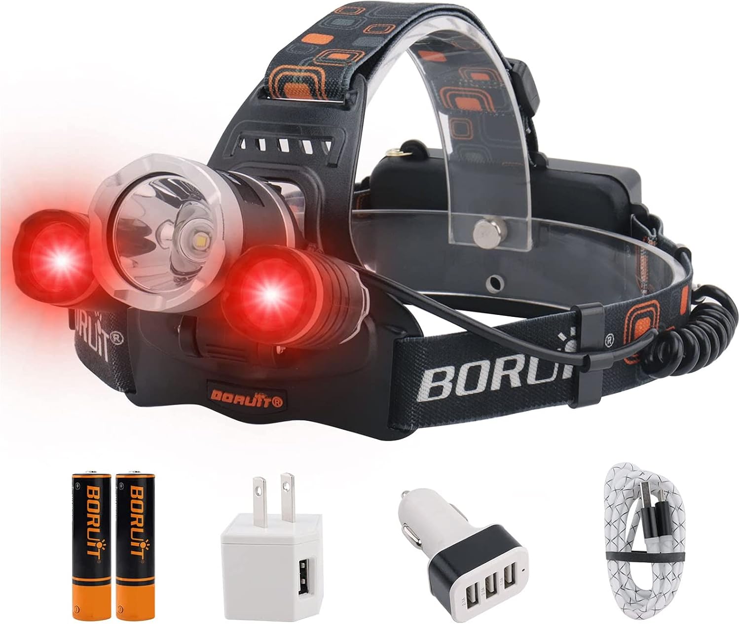 BORUIT RJ-3000 Rechargeable LED Headlamp 5000 Lumen 3 Modes