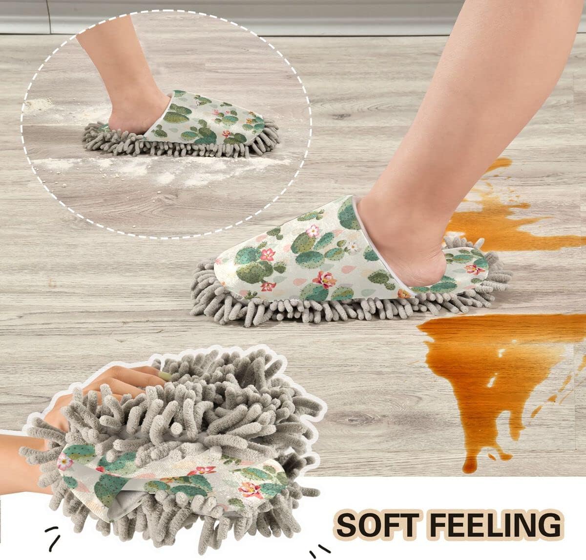 DOMIKING Cactus Flowers Mop Slippers for Women Floor Cleaning Shoes