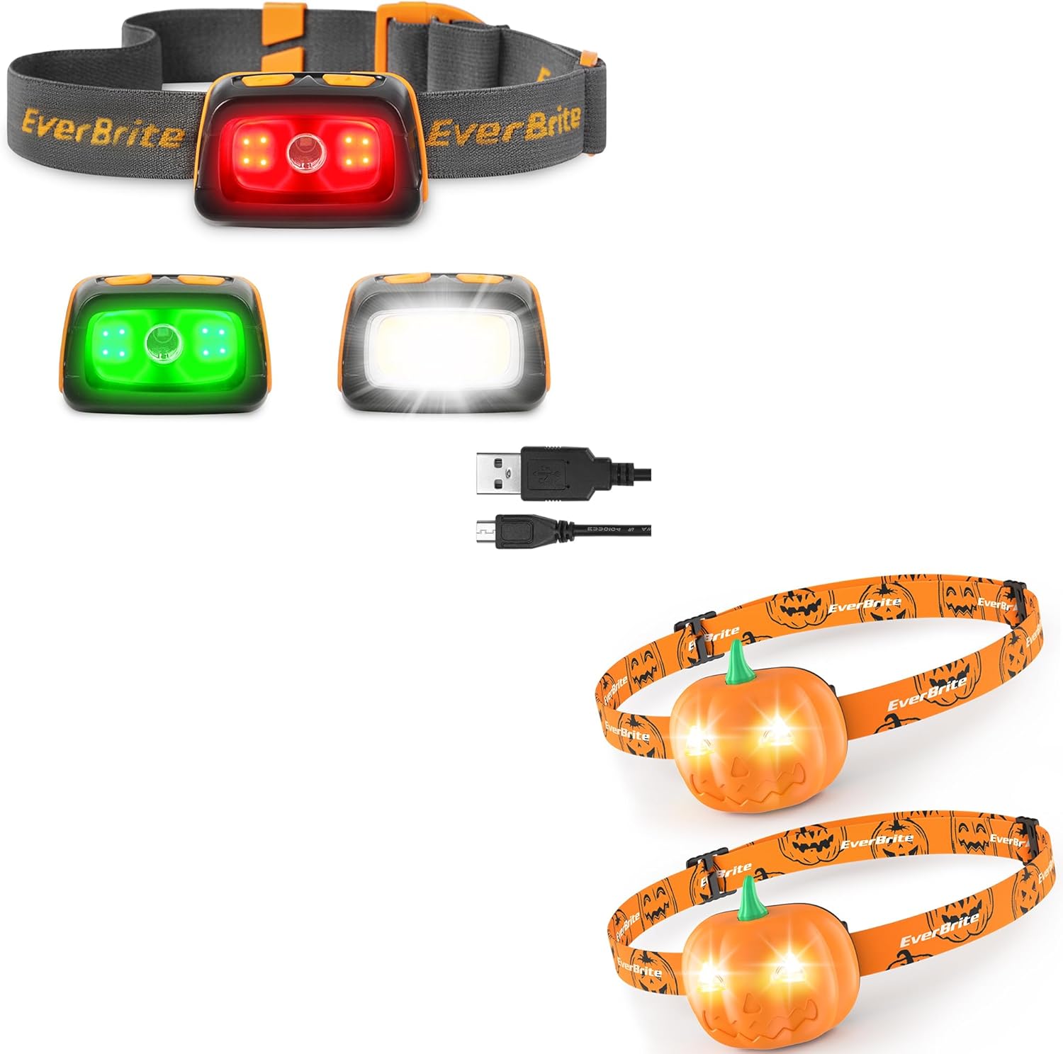 EverBrite Rechargeable Headlamp Dual Pack 7 Lighting Modes for Kids HalloweenFun