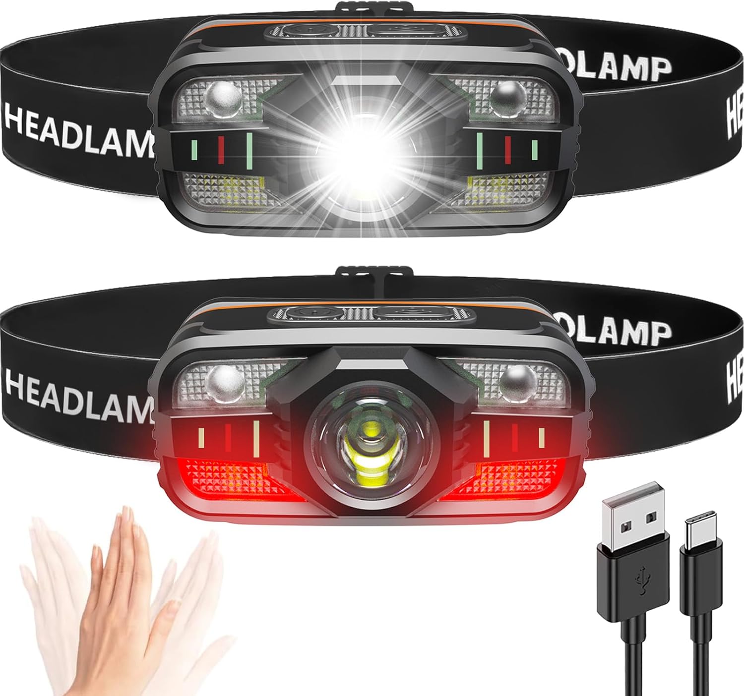 ASORT 2-Pack Rechargeable LED Headlamp 2000 Lumens Waterproof Bright