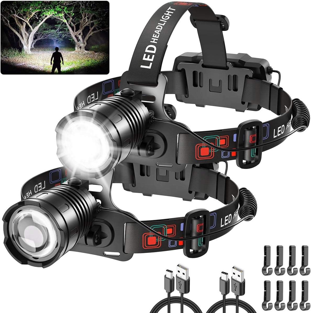Rechargeable Headlamp 2Pack 990000LM Bright