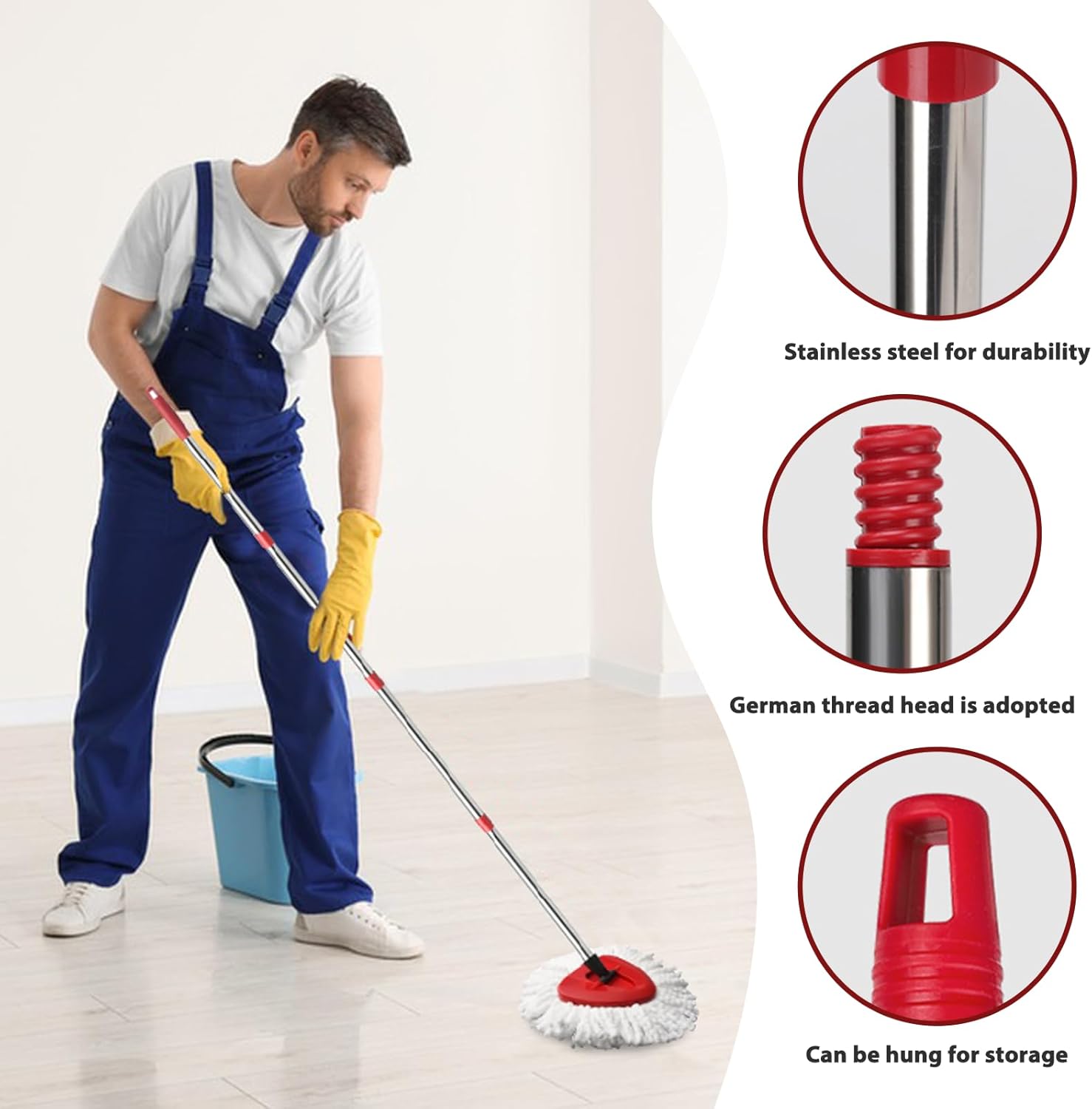 4-Section Adjustable Spin Mop Handle Replacement Sturdy for Tight Spots