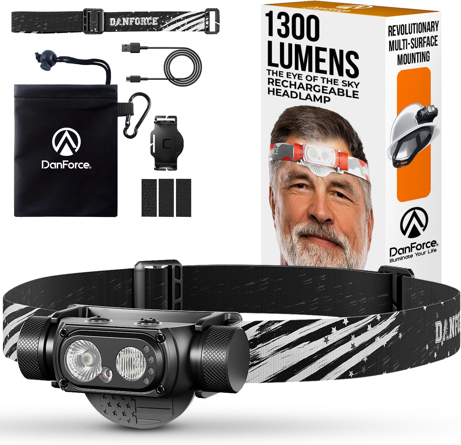 DanForce Headlamp Rechargeable Ultra-Bright 1300 Lumens IPX65 Durable