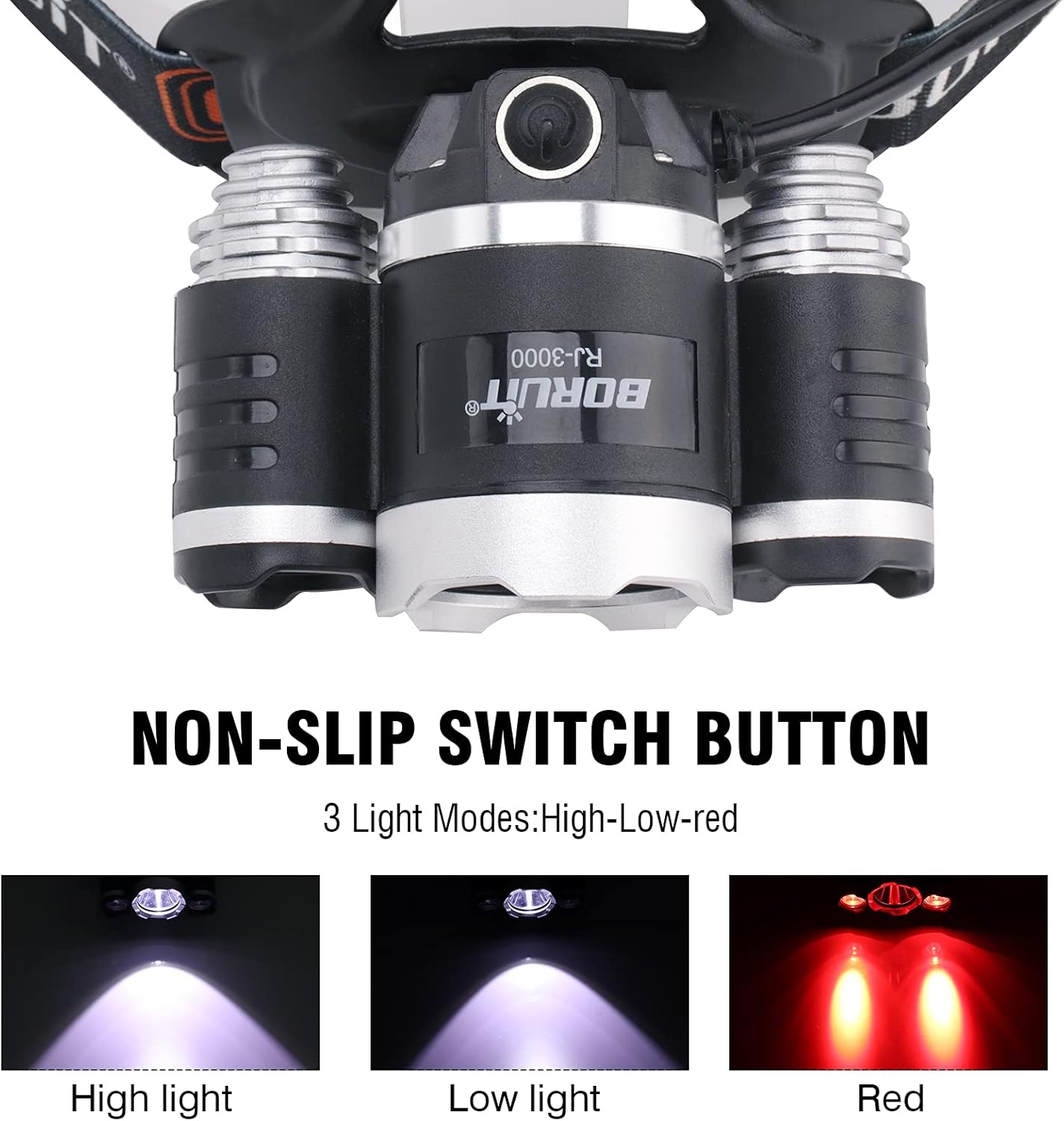 BORUIT RJ-3000 Rechargeable LED Headlamp 5000 Lumen 3 Modes