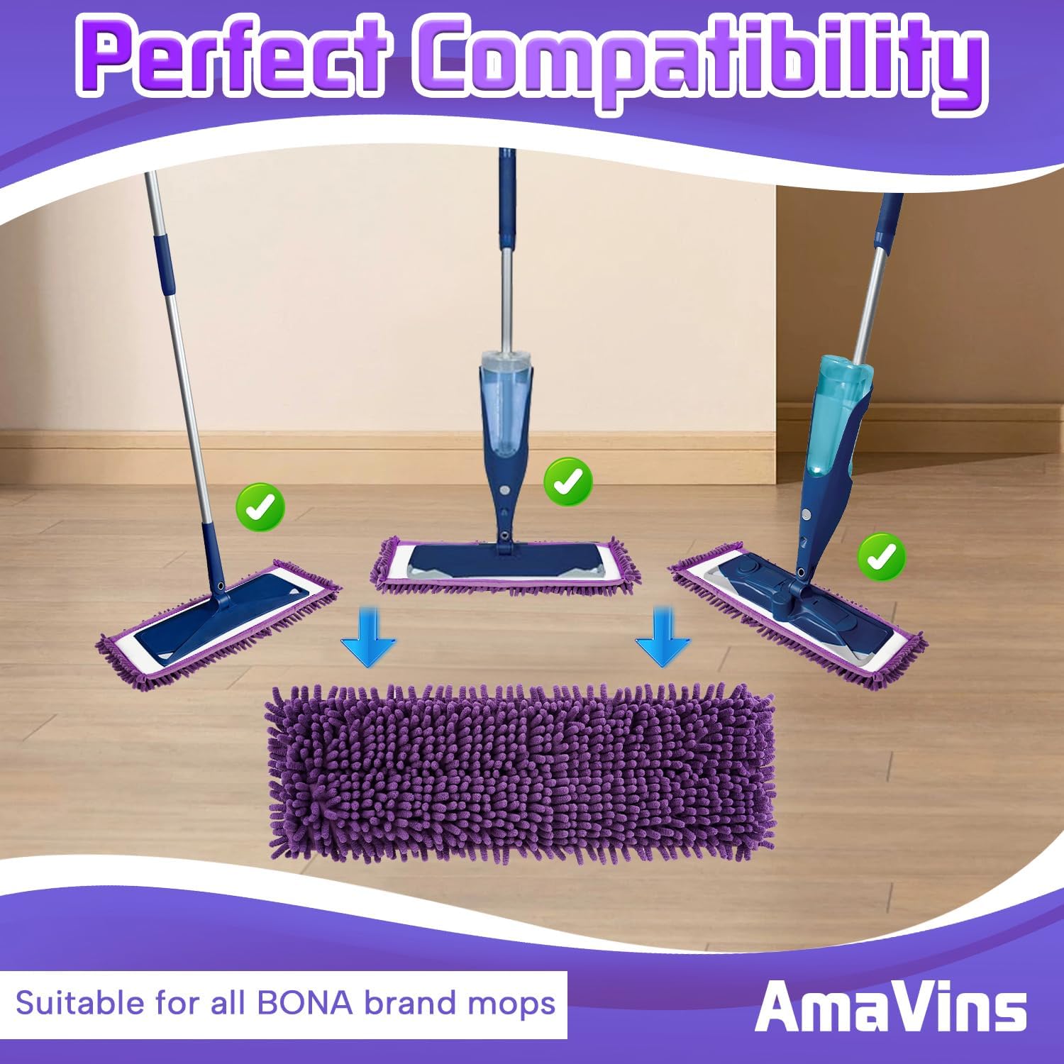AmaVins 2-Pack Pet System Microfiber Mop Pad with Bona Mop Compatibility