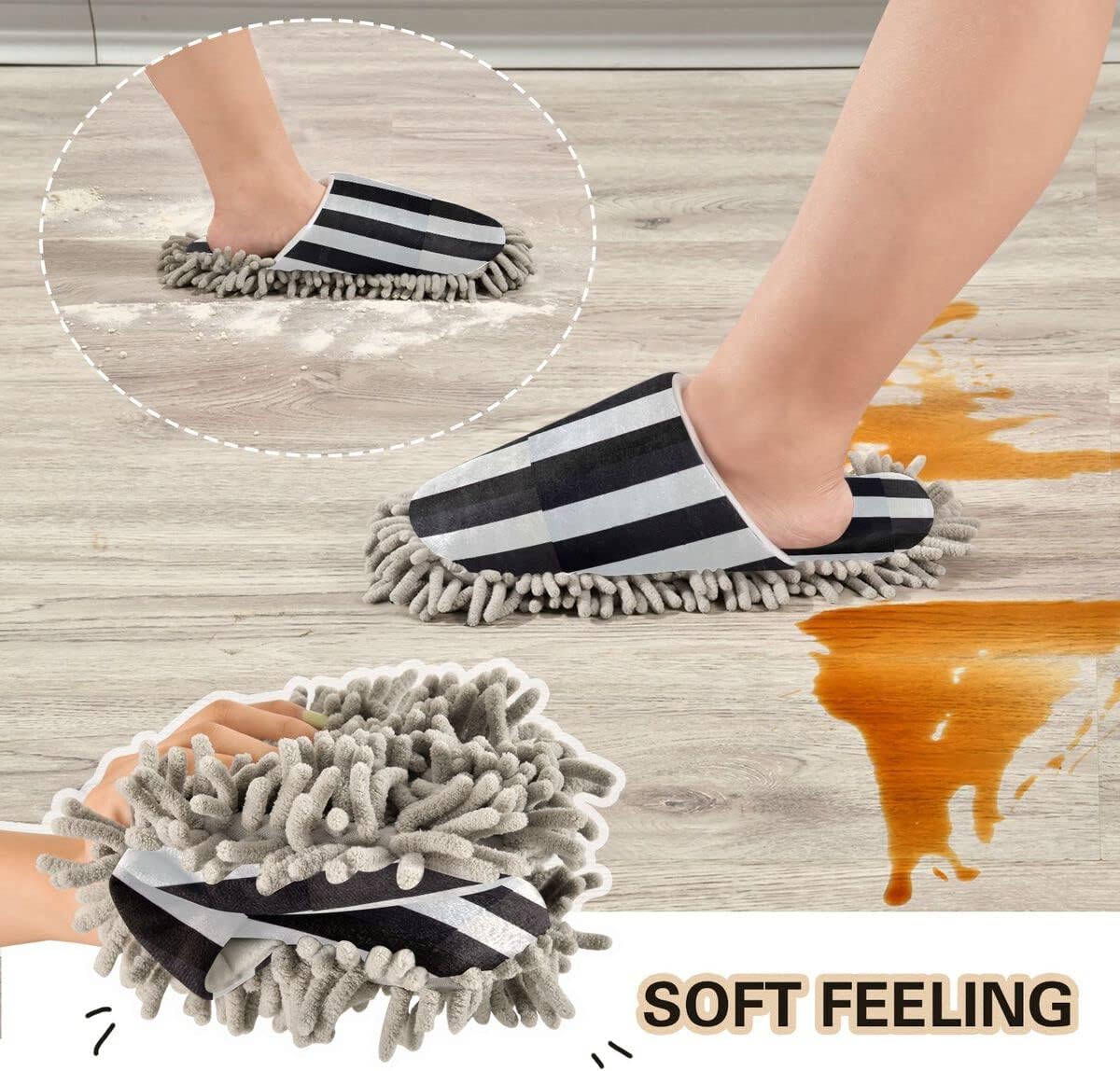 Black White Stripe Mop Slippers 3-in-1