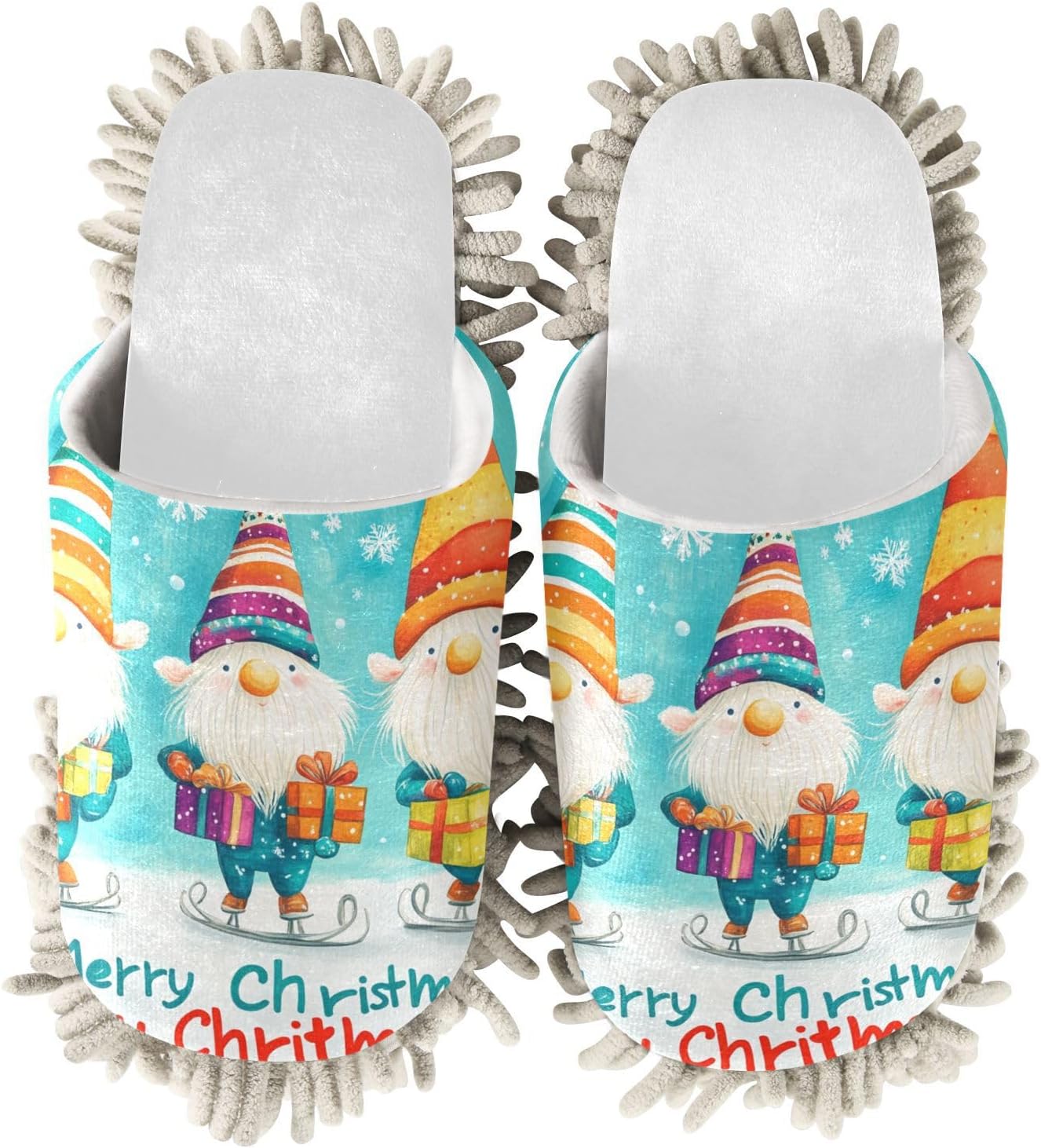 White Blue Christmas Gnome Mop Slippers