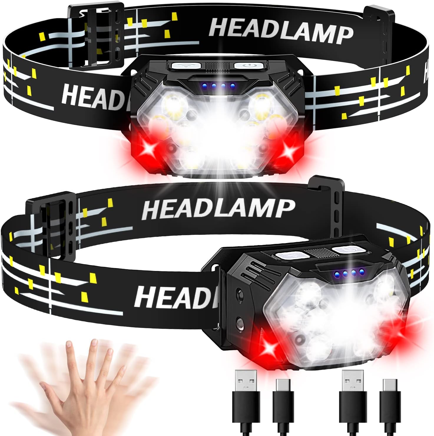 9 LED Rechargeable Headlamp 2-Pack 2000 Lumens
