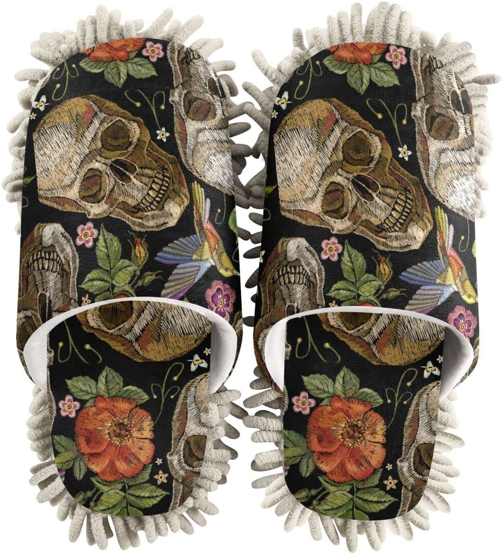 Size ML Embroidery Skull Roses Slippers Washable