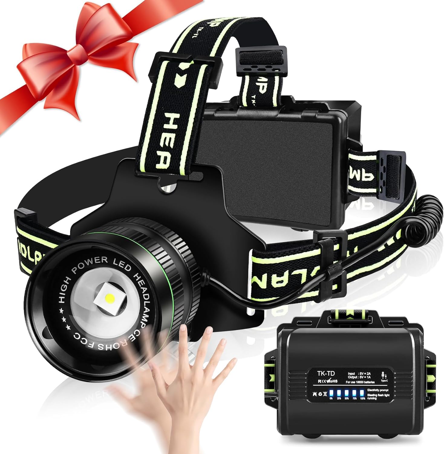 Rechargeable Headlamp with 100000 Lumens 5 ModesAdjustable Waterproof