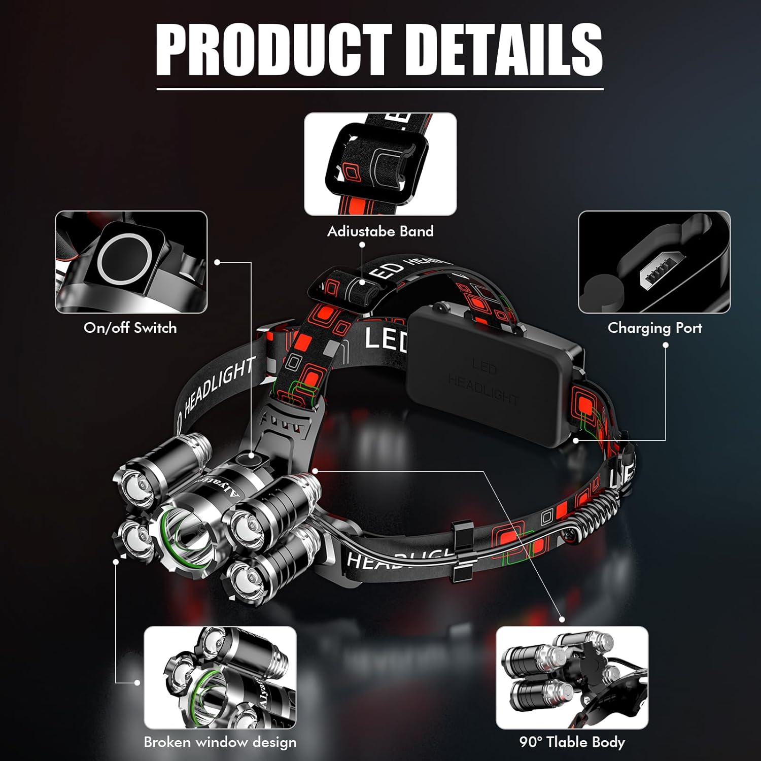 Rechargeable LED Headlamp Adjustable Powerful for Camping Hiking Hunting