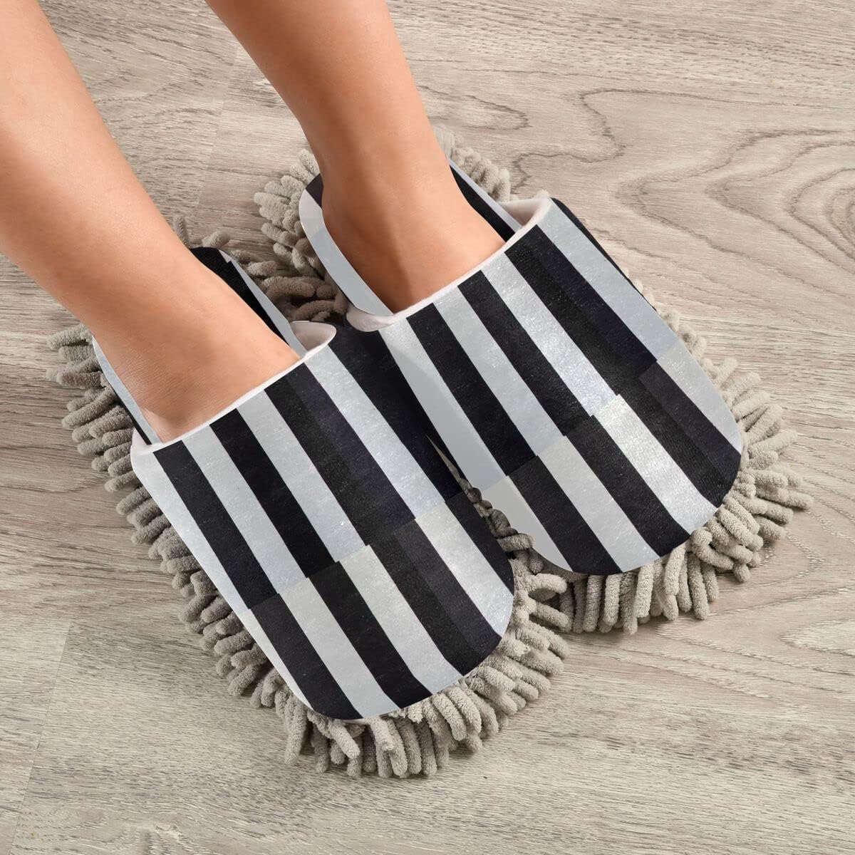 Black White Stripe Mop Slippers 3-in-1