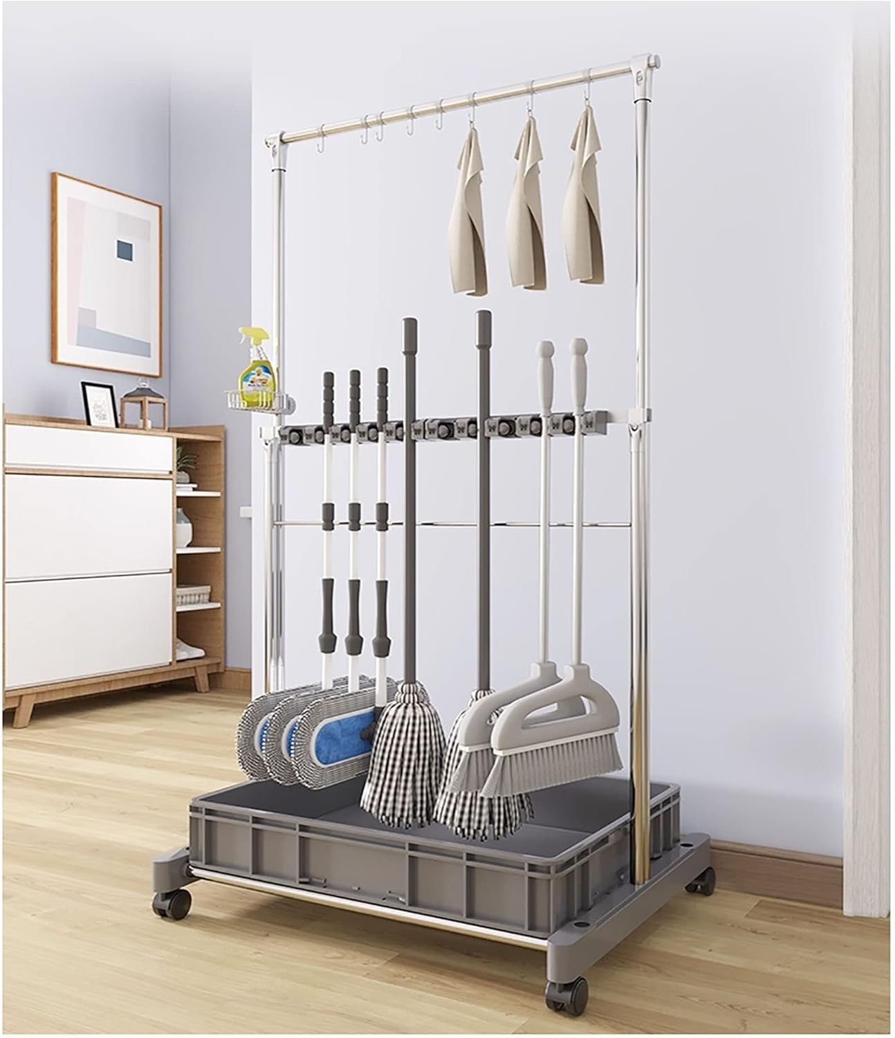 Sturdy Commercial Mop Rack with Hooks Trays for Clean Storage