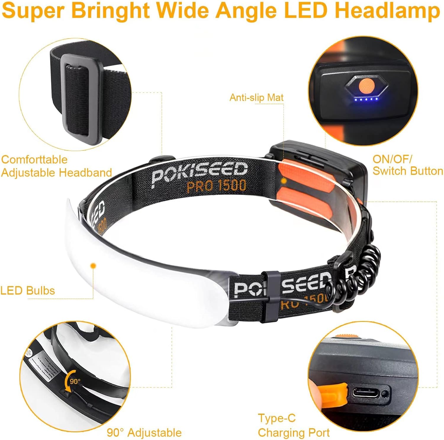 1500 Lumens Reusable Headlamp with 230 Beam for Camping Running Fishing