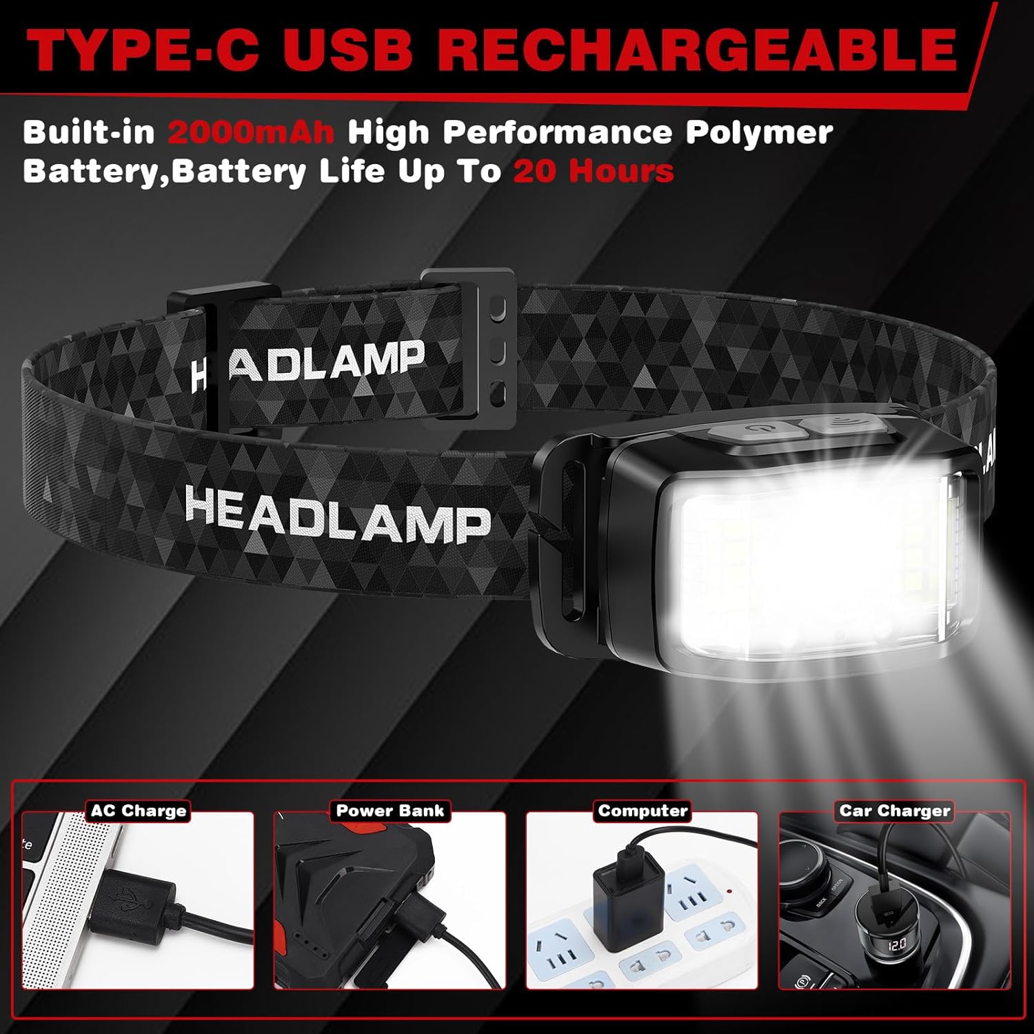KIDECCE Rechargeable Headlamp 2000 Lumen 16 Modes Waterproof White Red LED Flashlight